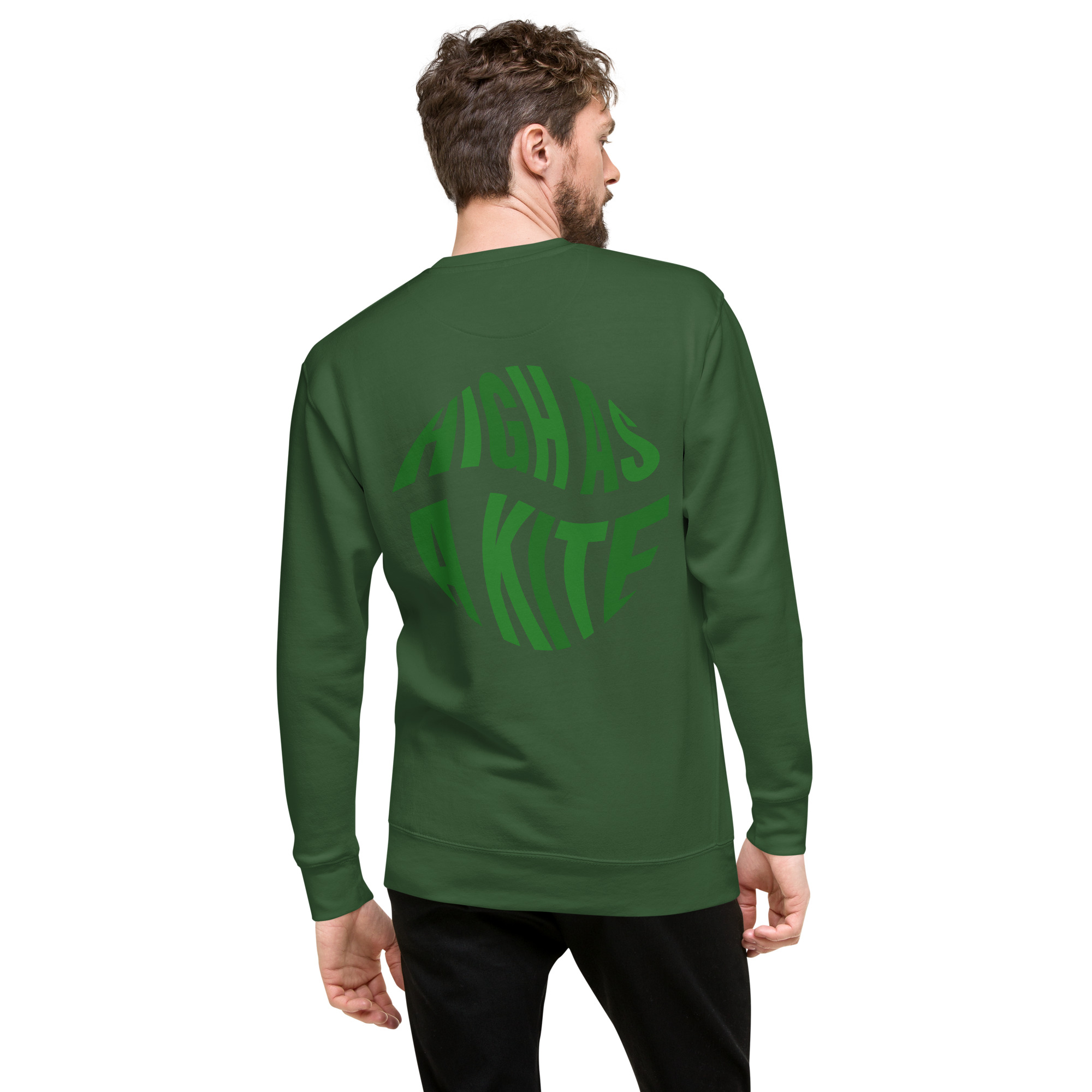 "High as a Kite" sweatshirt in forest green back view on a man