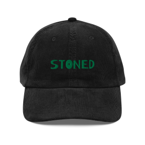 Vintage Corduroy Cap with "Stoned" on the front, front view in black