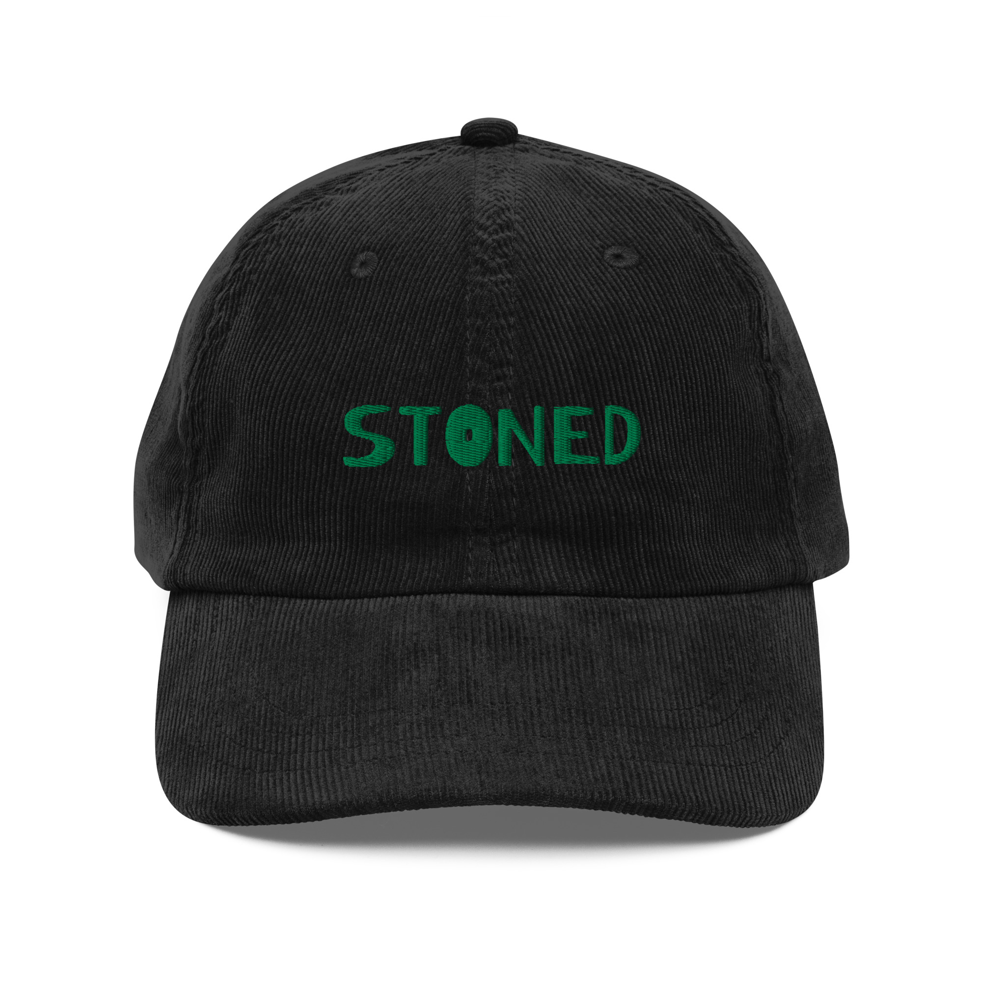 Vintage Corduroy Cap with "Stoned" on the front, front view in black