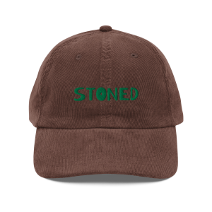 Vintage Corduroy Cap with "Stoned" on the front, front view in brown