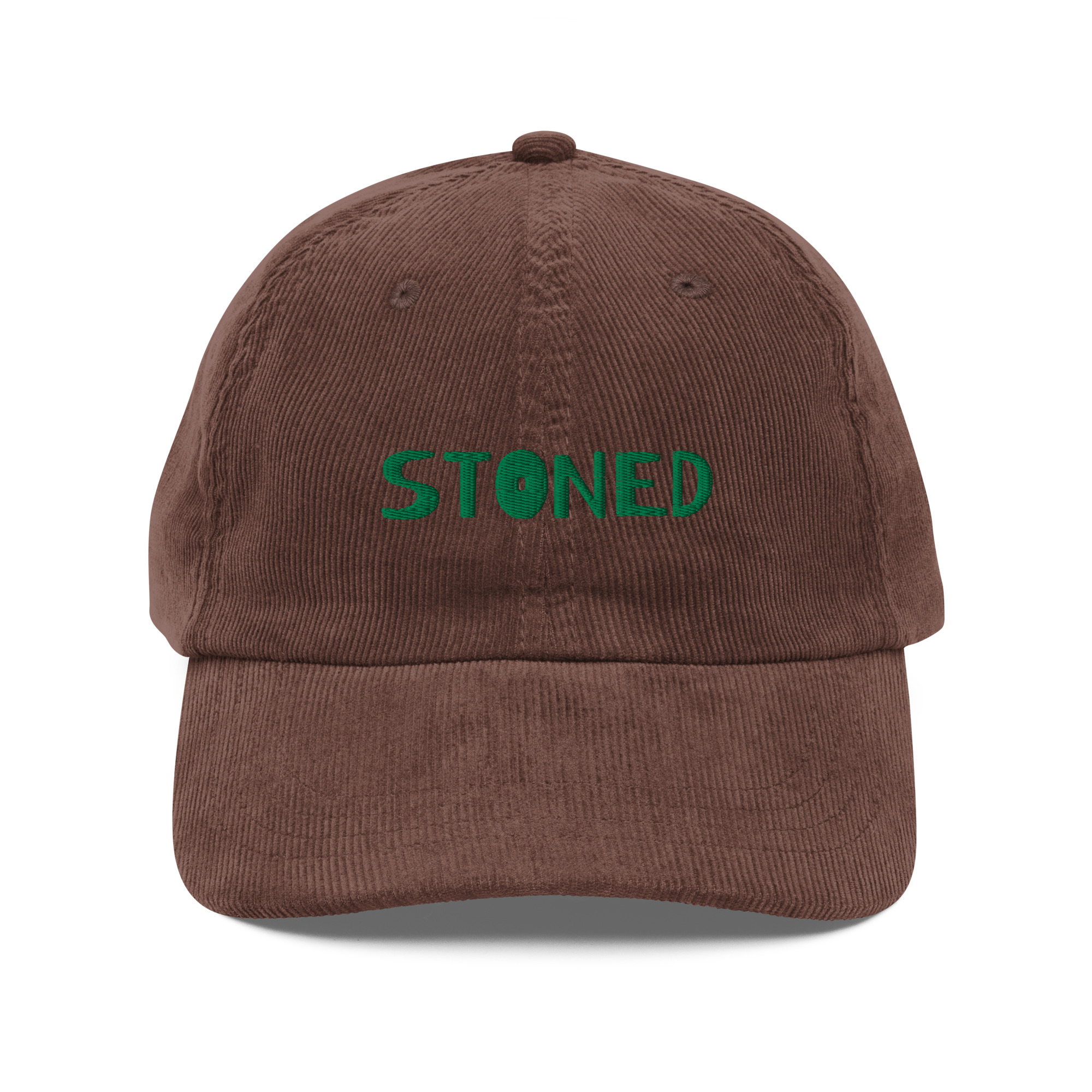 Vintage Corduroy Cap with "Stoned" on the front, front view in brown