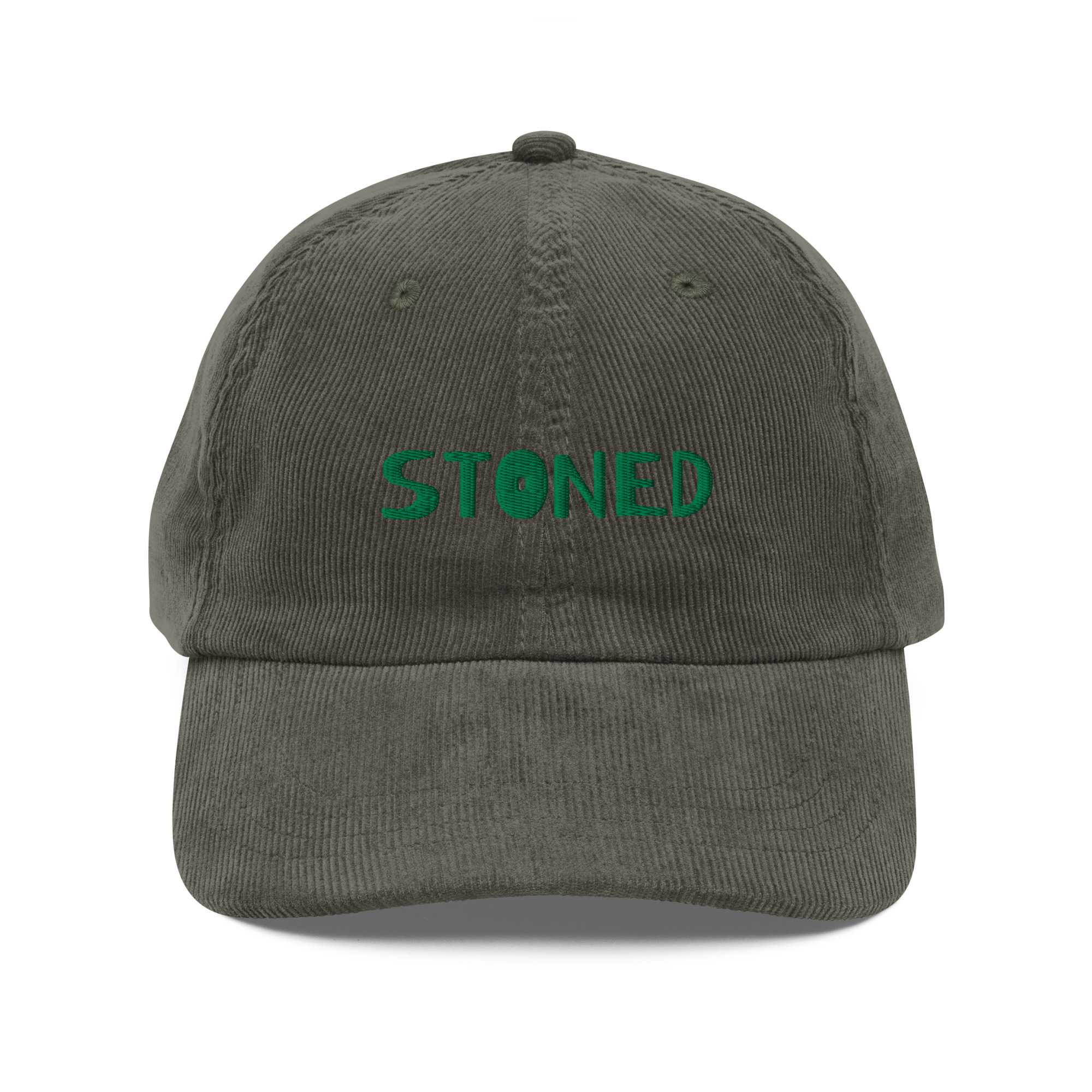 Vintage Corduroy Cap with "Stoned" on the front, front view in olive