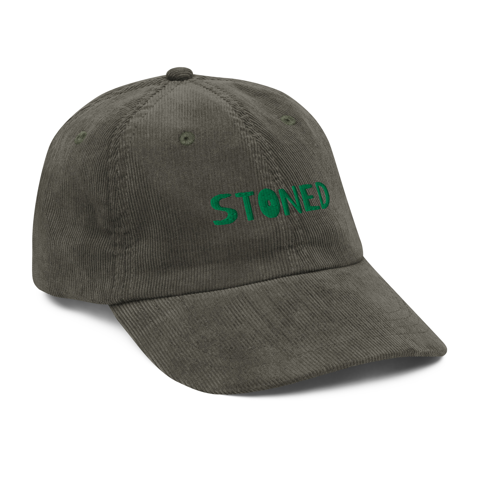 Vintage Corduroy Cap with "Stoned" on the front, front-right view in black
