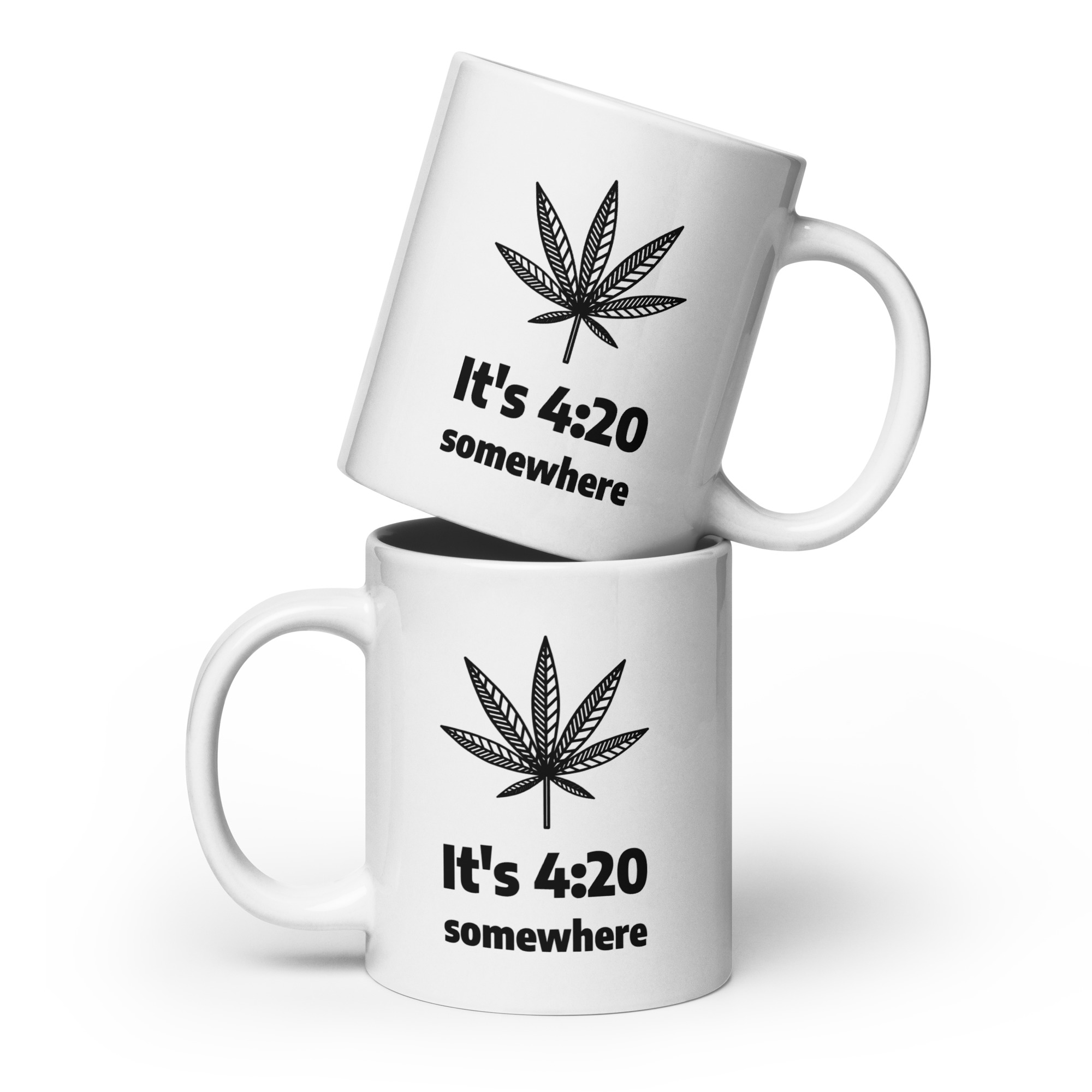 Glossy cannabis coffee mug with another mug on top of it