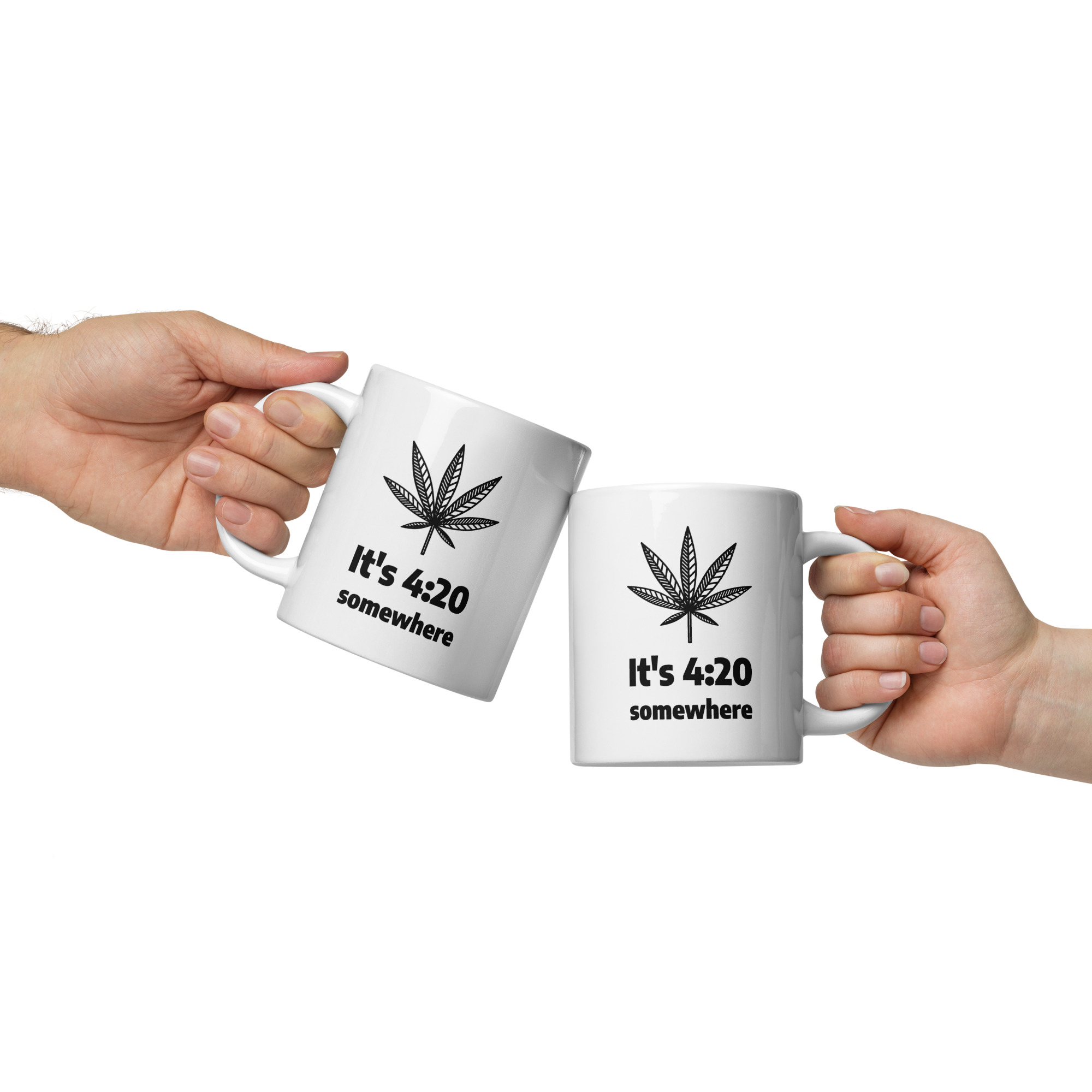2 hands clinking cannabis themed mugs together