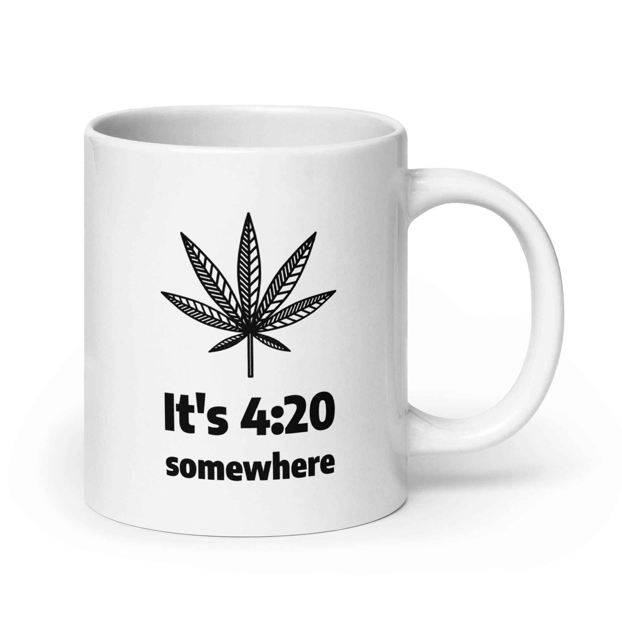 Front view of a cannabis themed coffee mug saying "it's 4:20 somewhere"